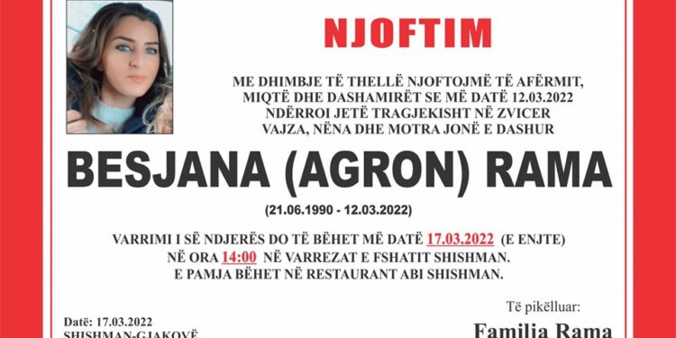 E vrara nga burri në Zvicër u varros në Kosovë, dy familjet s’janë në gjak