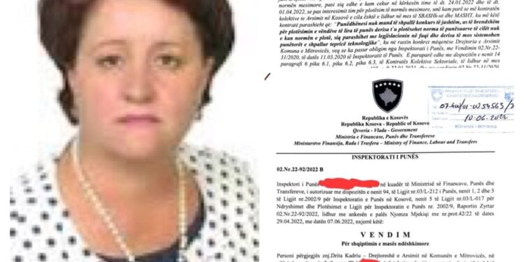 Drita Kadriu, drejtoresha e Arsimit në Mitrovicë që vjen nga PDK shkel ligjin, dënohet me gjobë nga Inspektorati i Punës me 1200 euro