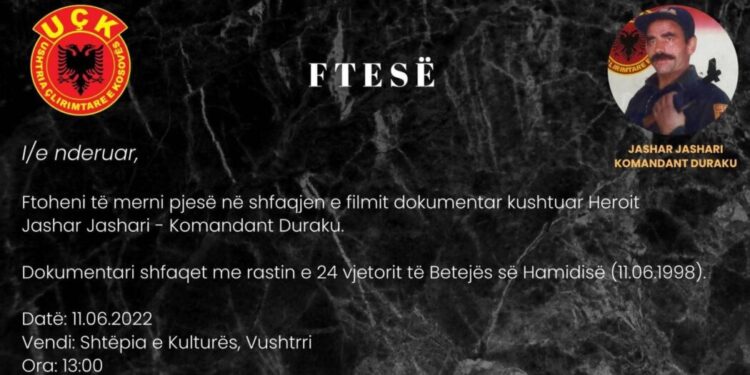Të shtunën në shtëpinë e kulturës në Vushtrri, shfaqet premiera e filmit dokumentar kushtuar heroit të kombit, Jashar Jashari