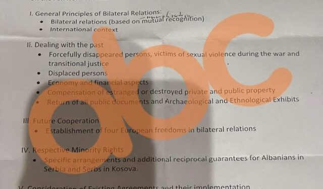 Del dokumenti me elemente të mundshme të marrëveshjes Kosovë -Serbi