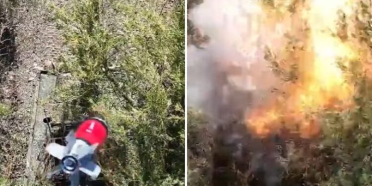Nga droni lëshojnë bombën që bie mbi tankun rus, momenti kur mjeti i blinduar hidhet në erë