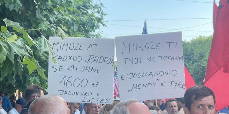 “Mimozë, a të kallëzoi Radojiçiq se ku janë të zhdukurit e luftës”- Një prej pankartave që po mbahet nga protestuesit në shesh
