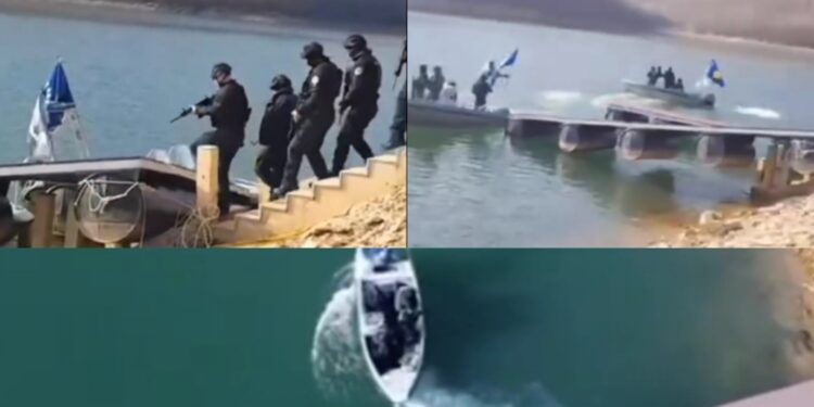 Njësia për Ndërhyrjen e Shpejtë e Policisë Kufitare të Kosovës patrullon me barka lundruese në Ujman