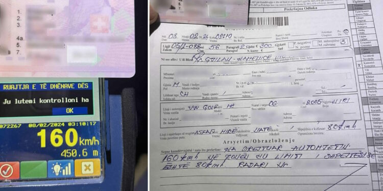 Në zonën 80km/h voziti dyfish, shoferit nga Gjilani i merret patentë shoferi dhe gjobitet 300 euro