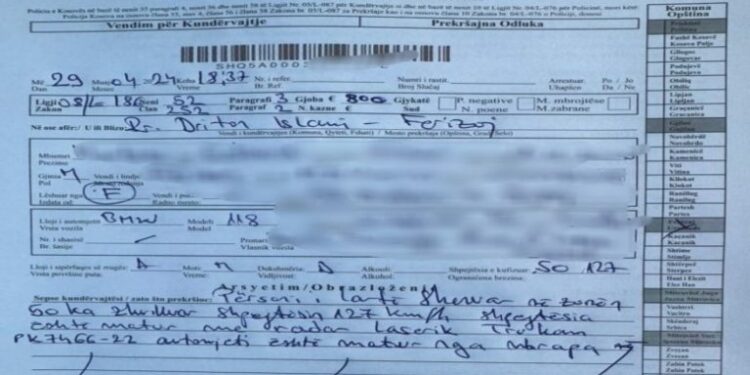 Voziti në zonë urbane 127 klm/h, gjobë 800 euro ndaj shoferit në Ferizaj