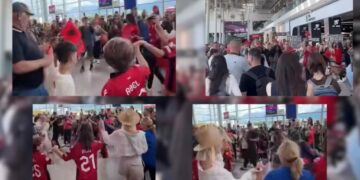 Ndizet atmosfera në aeroportin “Nënë Tereza”, tifozë dhe turistë ia nisin valles