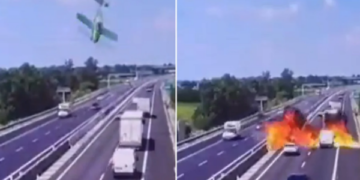 Video tronditëse, avioni rrëzohet në mes të autostradës në Itali, dy persona humbin jetën
