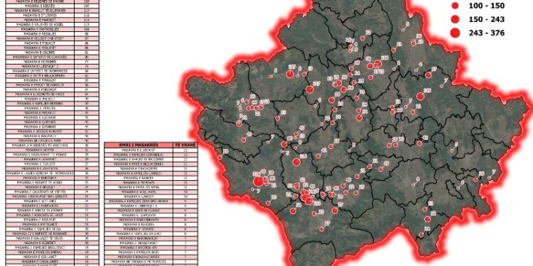 Kjo është harta e Kosovës ku shënjohen 103 masakrat e viteve 1998-1999