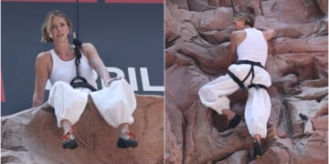 Charlize Theron ngjitet në një ndërtesë në Times Square, promovon filmin e saj të ri Apex (Video)