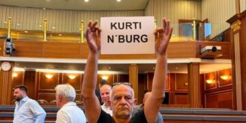 “Kurti n’burg”, një mërgimtar mban një pankartë në Kuvend, ia heqin nga duart
