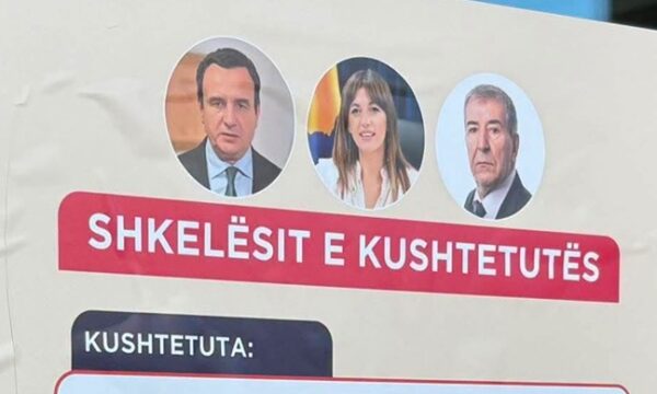 Aksioni i Rinisë së PDK’së: Tre shkelësit e Kushtetutës, fotografia e Haxhiut, Kurtit e Deharit ngjitet në dyert e Kuvendit