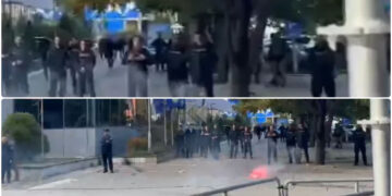 Pamje/Tifogrupet protestojnë për çlirimtarët, hedhin mjete piroteknike në drejtim të Qeverisë