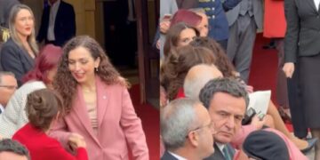 Osmani i përshëndet pjesëmarrësit në rreshtin e parë në ceremoninë për Presidenten, s’shkon deri te Kurti